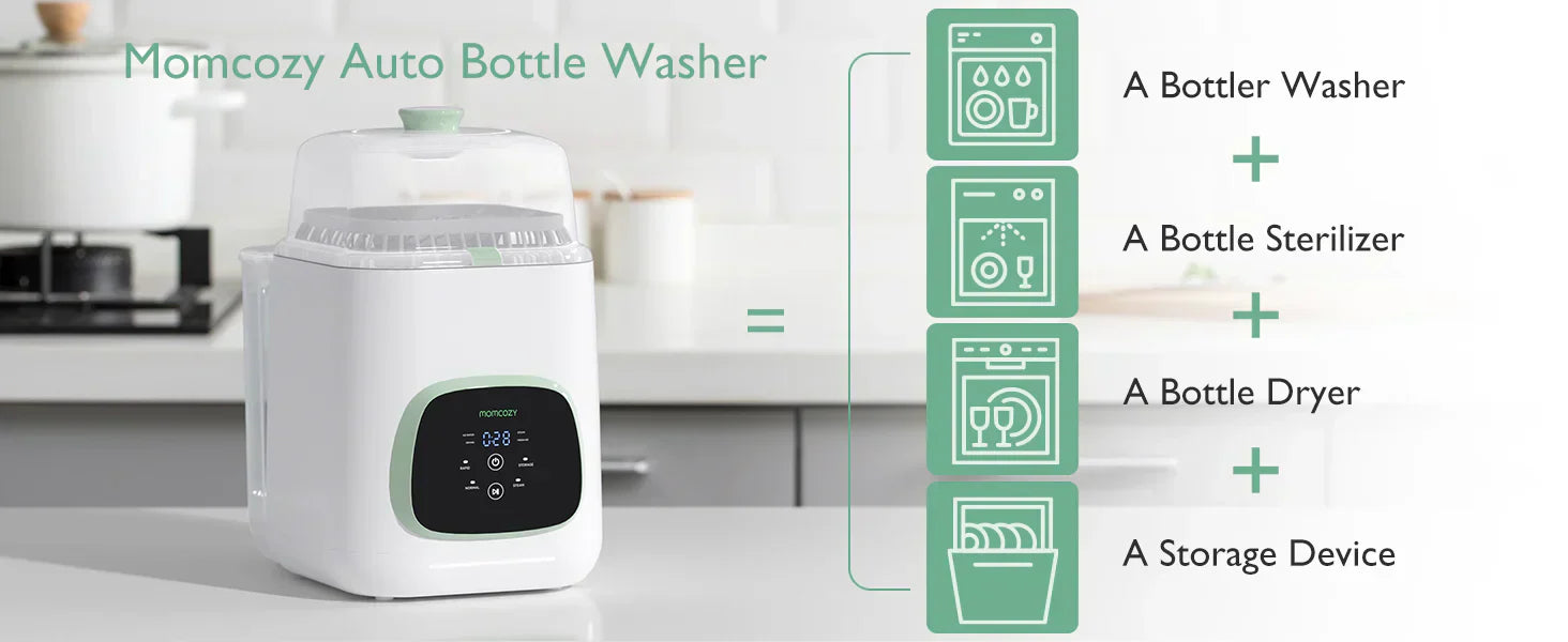 A Momcozy Auto Bottle Washer sits on a kitchen counter