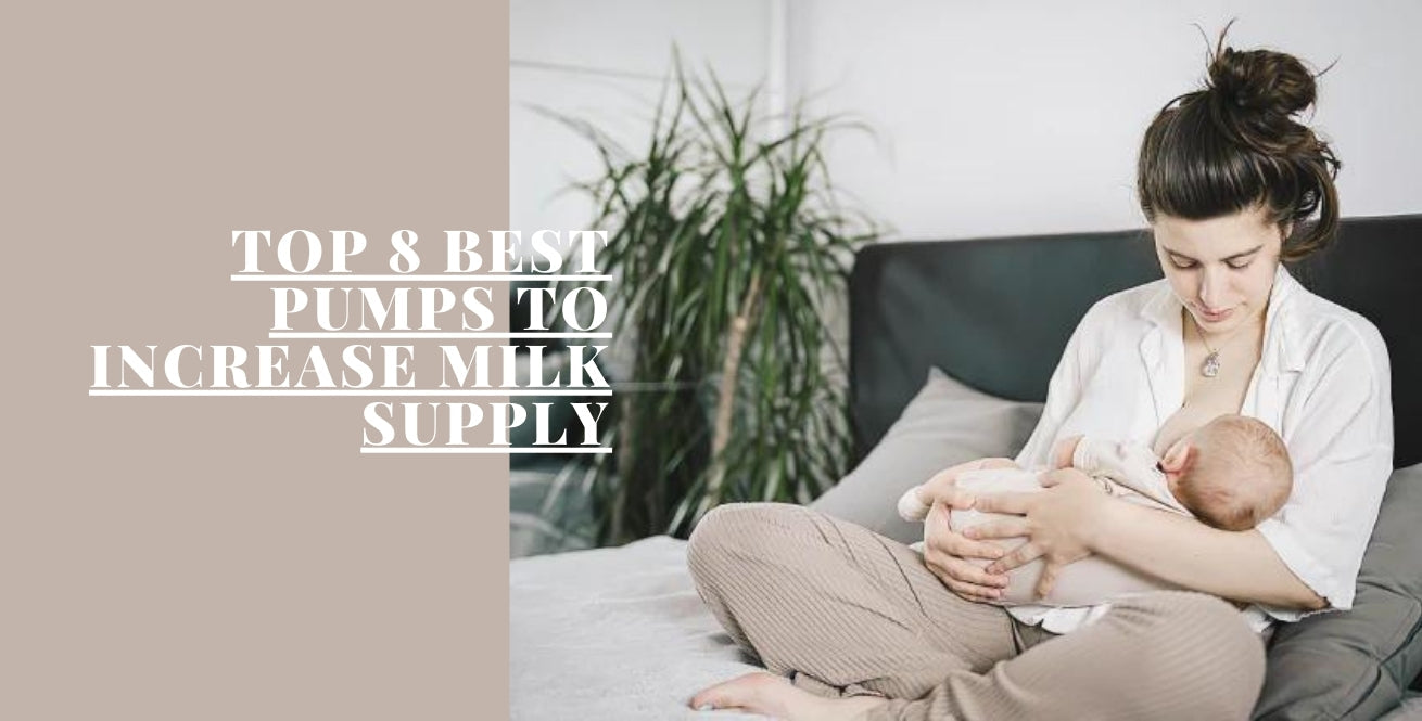 A woman breastfeeding a baby with text about milk pumps