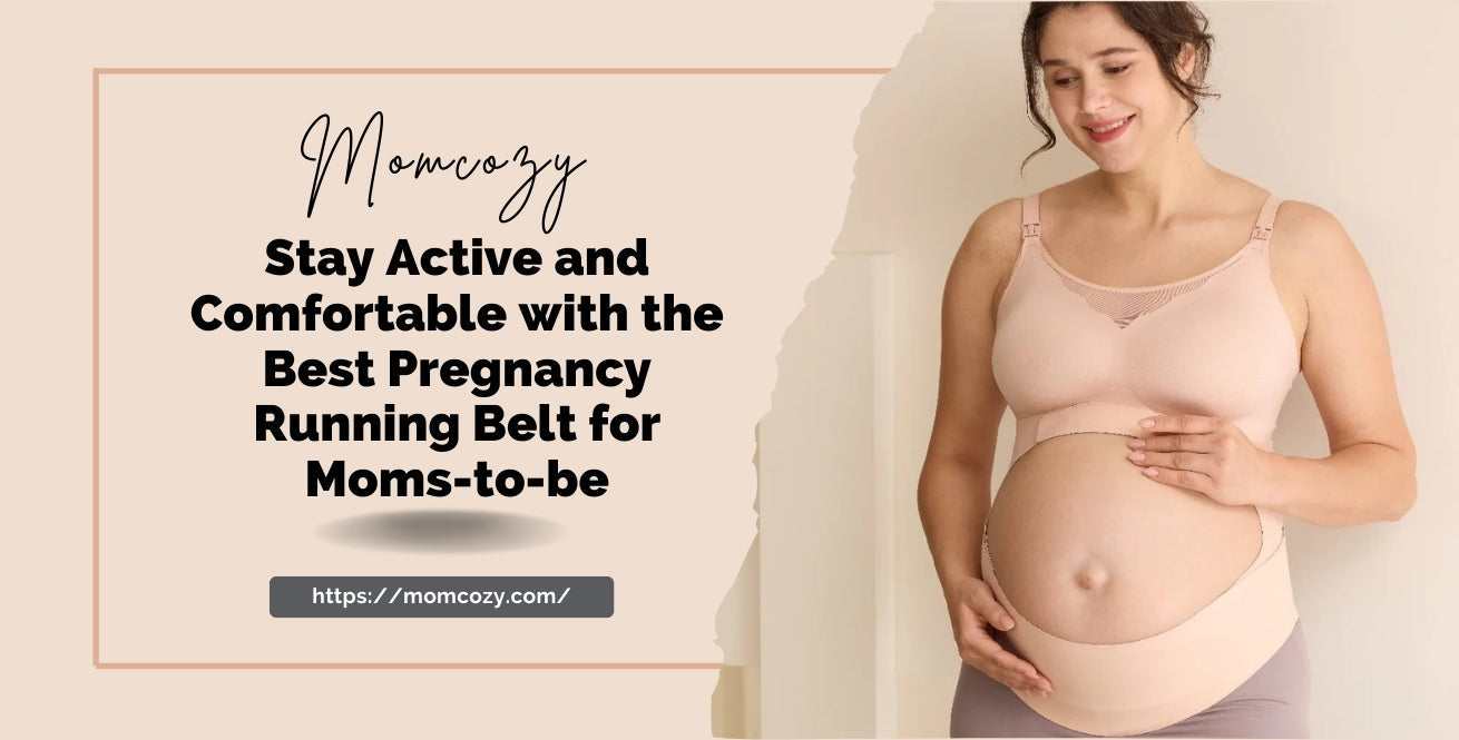 A pregnant woman wearing a Momcozy supportive belt promotes comfort and activity