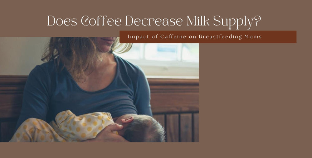 A woman breastfeeding a baby, with text about coffee and milk supply.