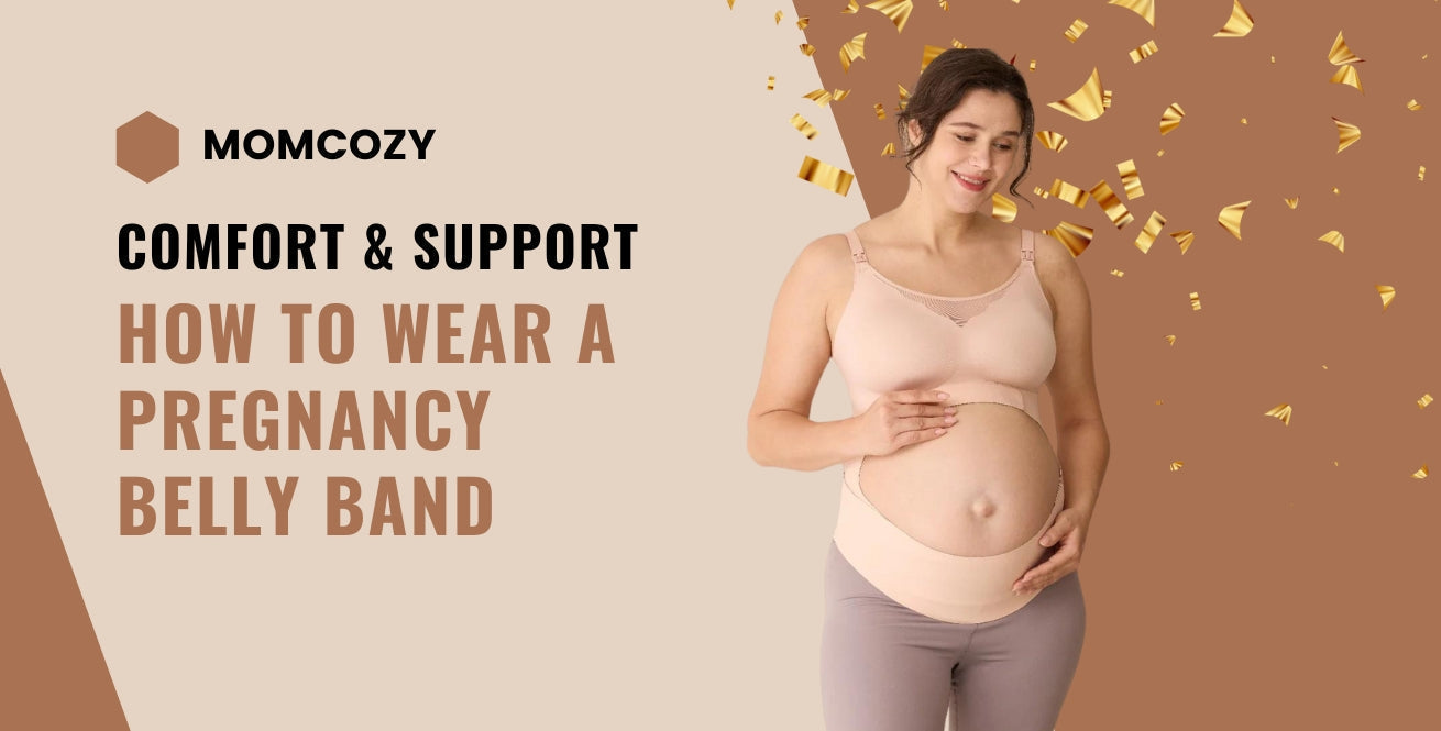 A pregnant woman is wearing a Momcozy belly band with text on comfort and support