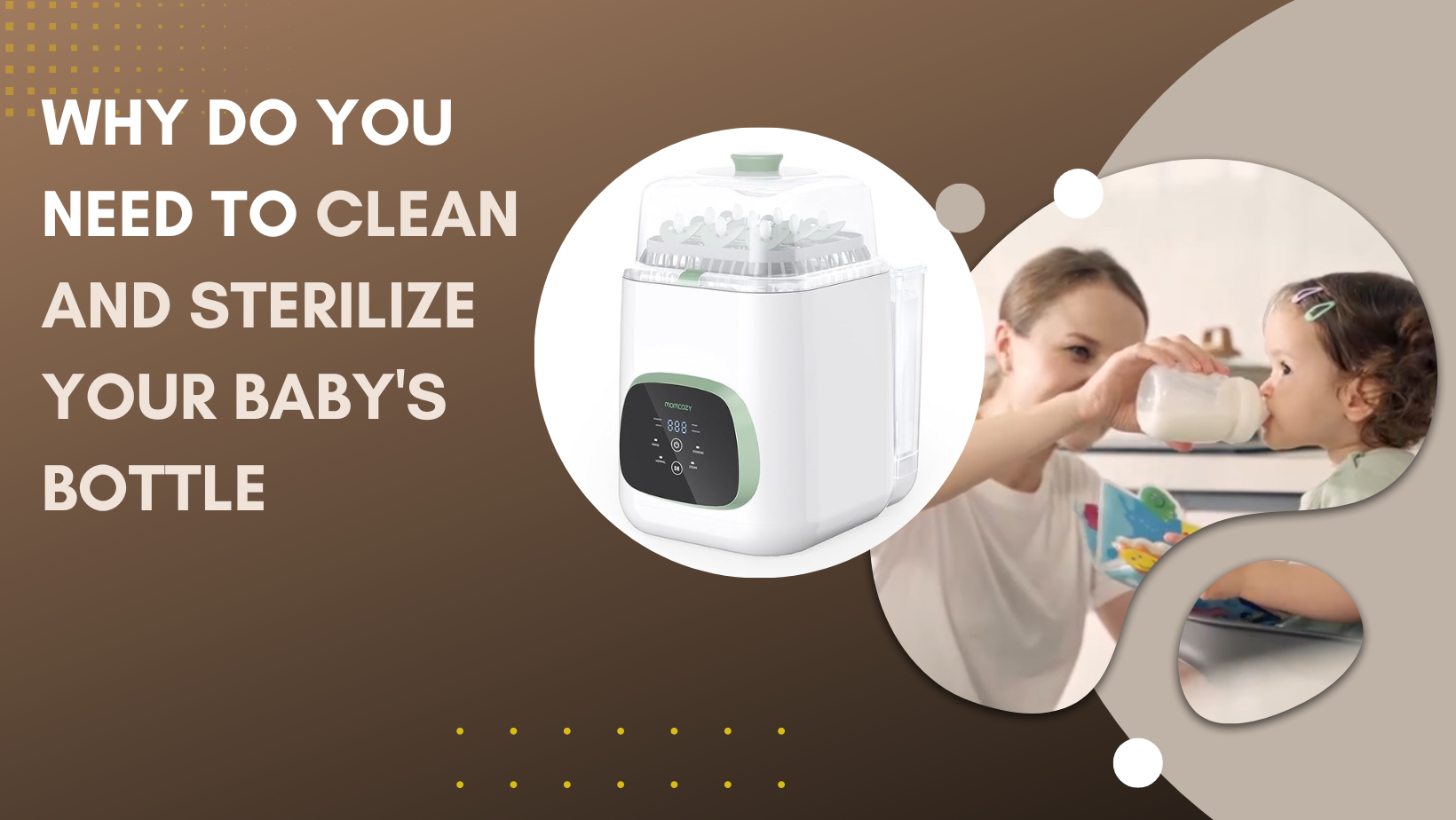 The mother uses Momcozy's bottle washer to clean and sterilize the baby bottles for her child