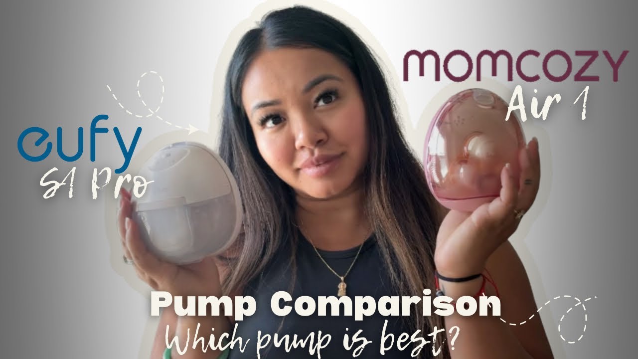 Momcozy Air 1 vs Eufy S1 Pro breast pump comparison review thumbnail showing both products