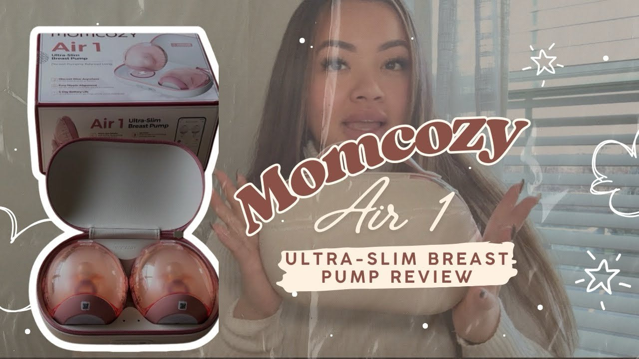 Momcozy Air 1 ultra-slim breast pump review video thumbnail featuring product in pink wireless charging case