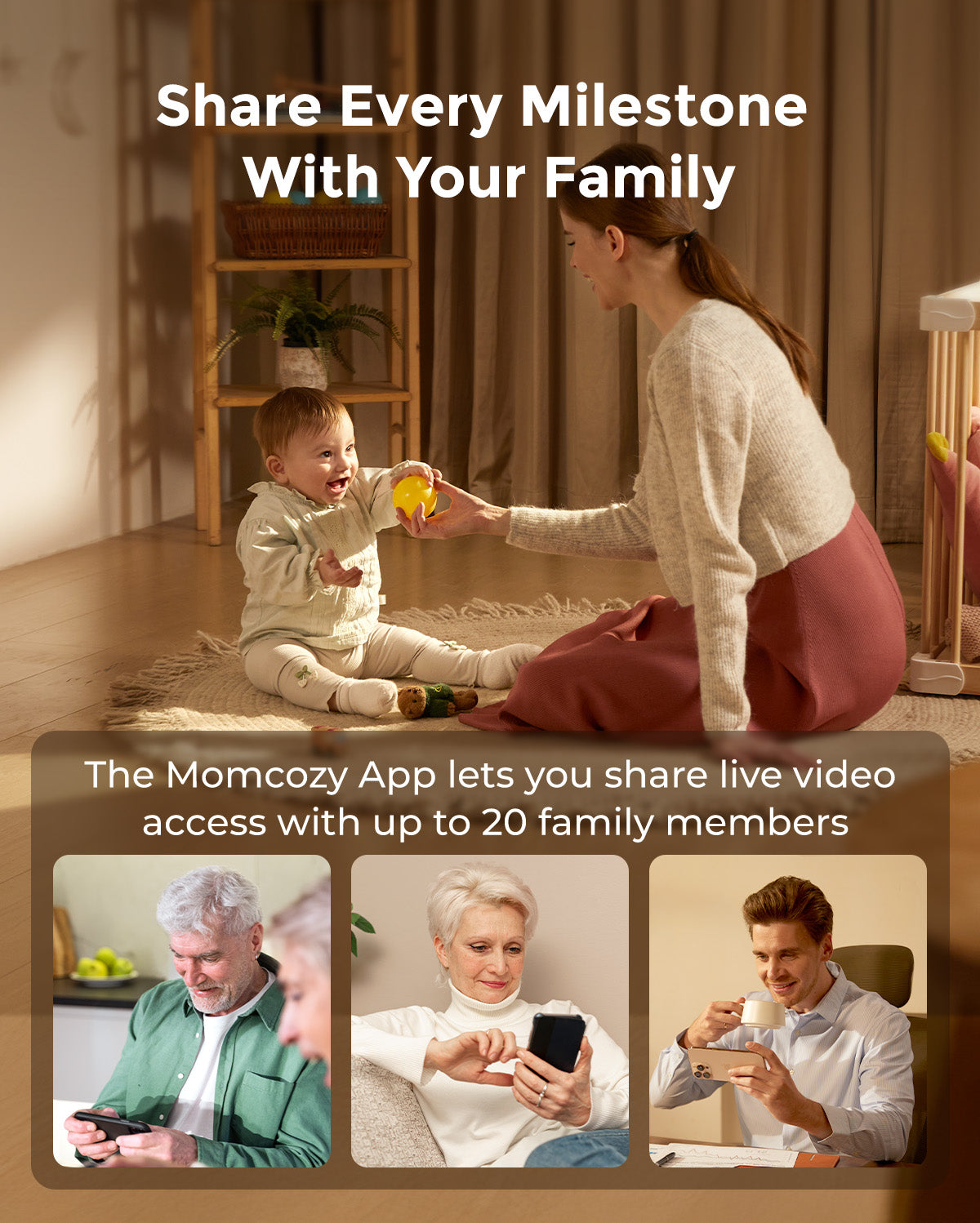 Momcozy app lets family share baby monitor video access with up to 20 members.