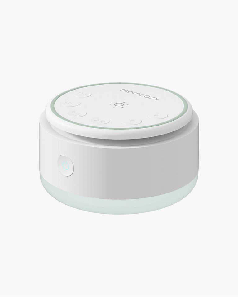 Translation missing: fr.Momcozy Portable Baby Sound Machine - White and blue design, for baby sleep. Includes control buttons and brand logo