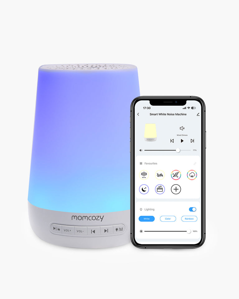 Translation missing: en.Momcozy Smart White Noise Machine with App Remote Control, featuring white, color, and rainbow lighting options for babies