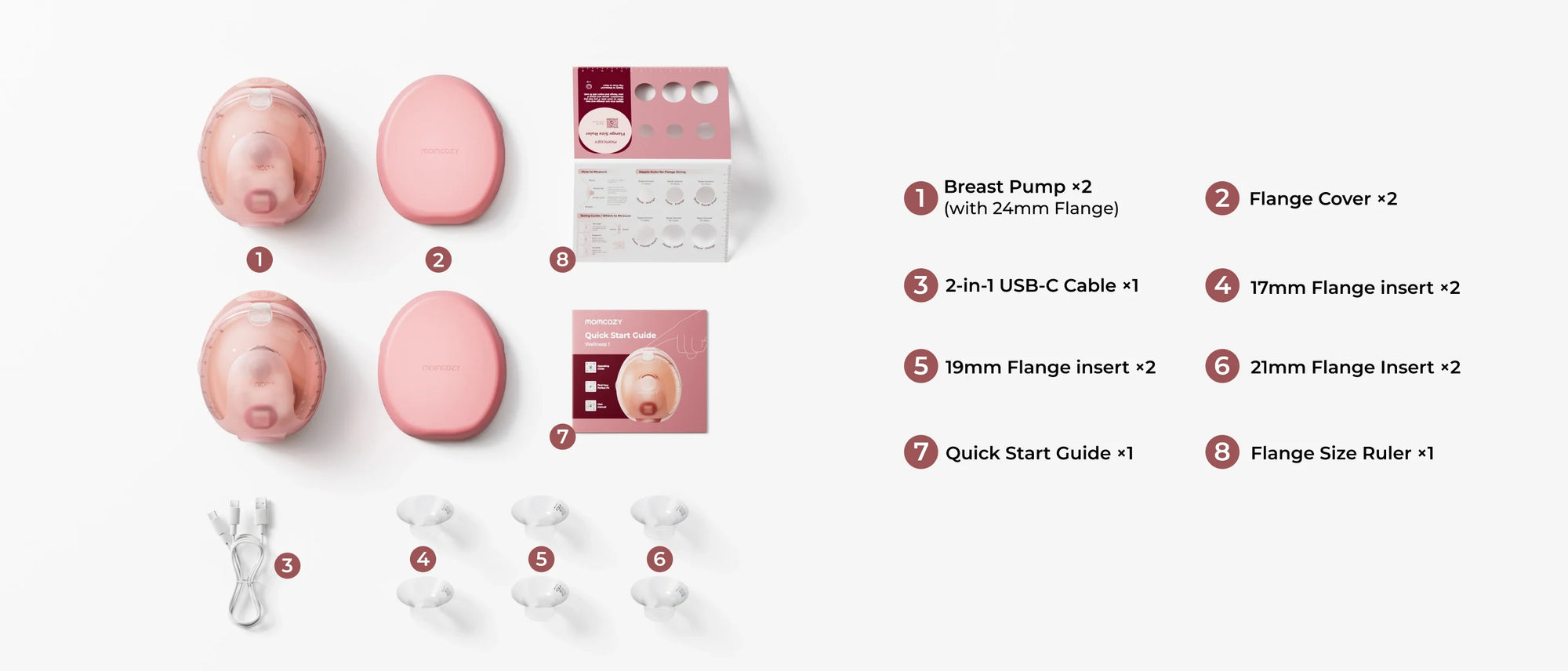 Pink breast pump set with packaging and accessories on a white background