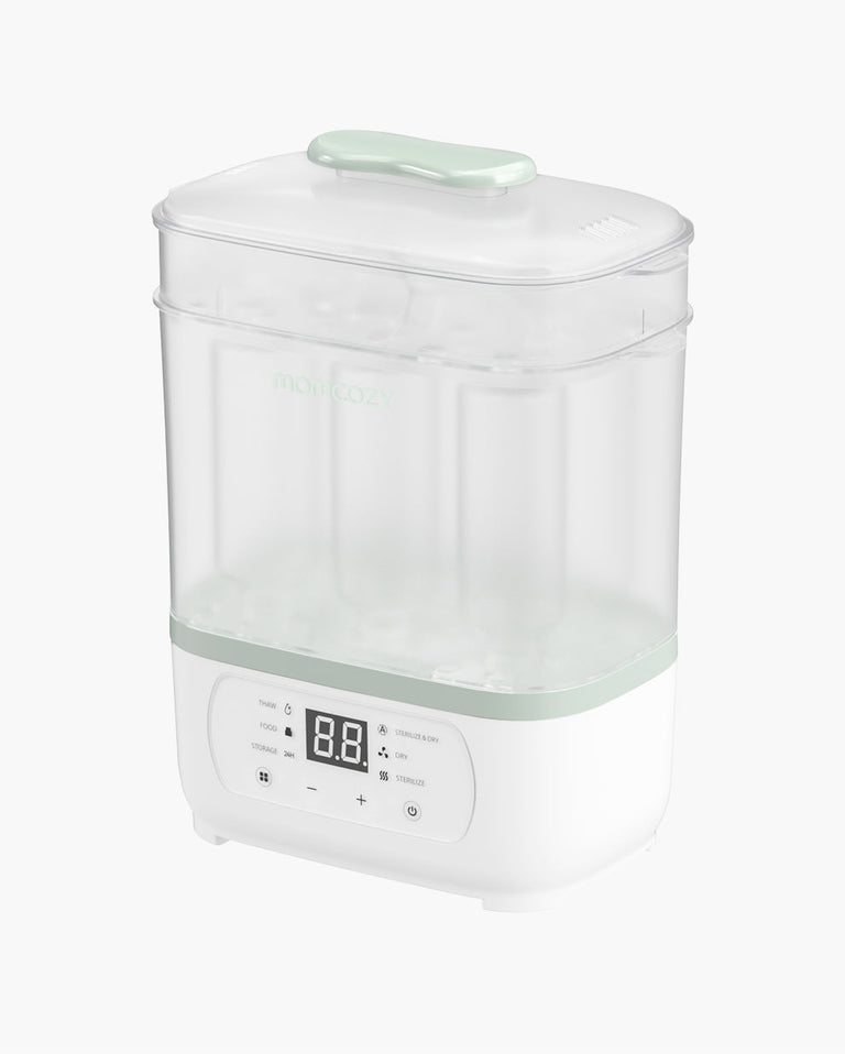 Translation missing: fr.Momcozy 8-in-1 baby bottle steam sterilizer and dryer with LED countdown display, buttons for functionality, and transparent top cover