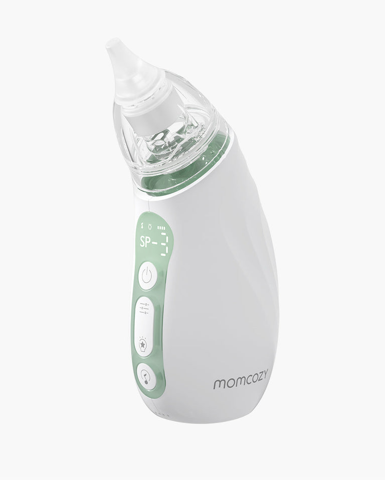 Translation missing: fr.White Momcozy baby nasal aspirator SP-3 with green accents, power button, and adjustable suction levels