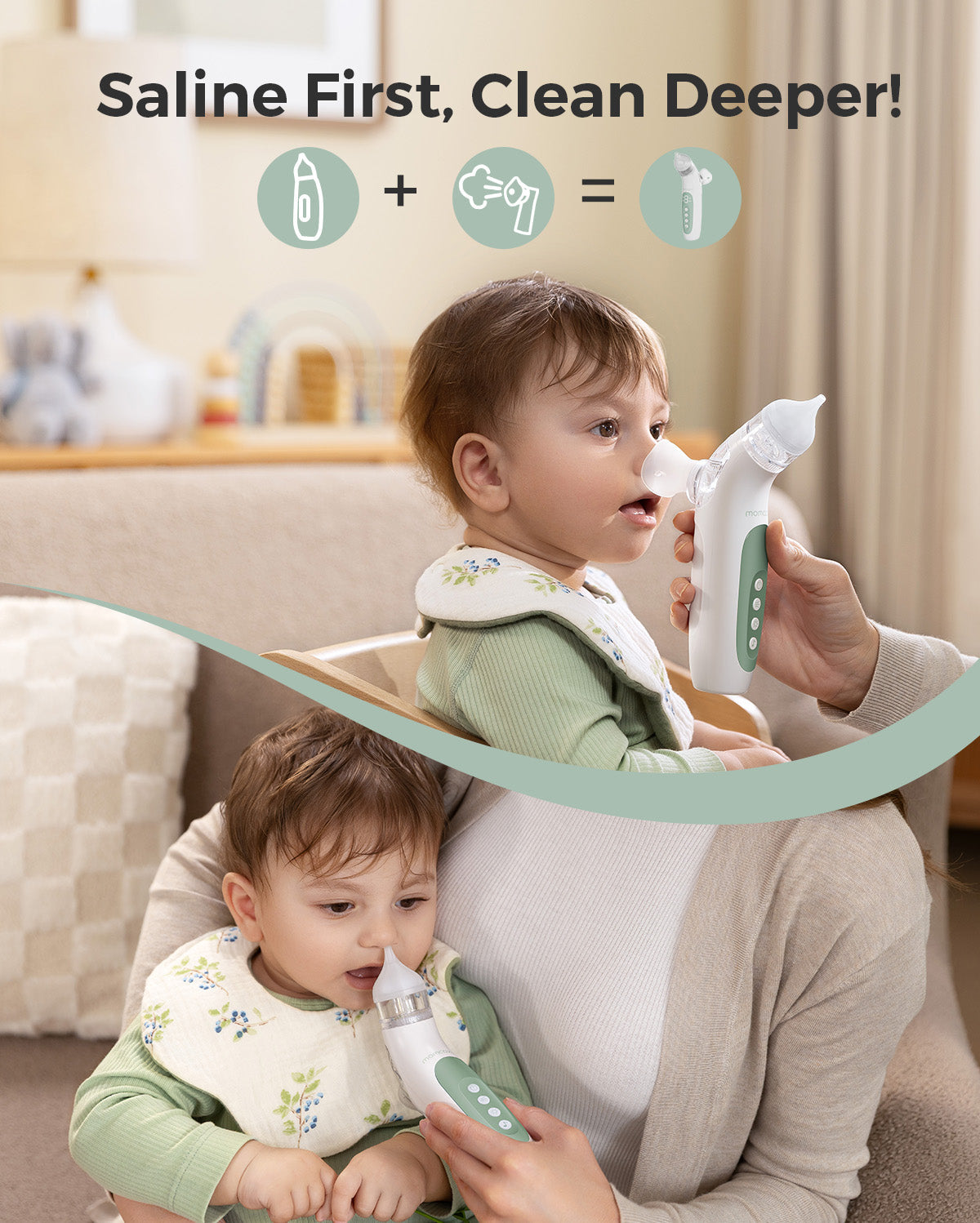 Momcozy BreezyClear™ nasal aspirator in use by a parent on a baby. Graphic shows saline mist + suction = clean.