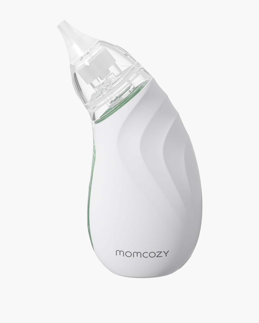 White Momcozy baby nasal aspirator with clear tip and green accents. Long battery life.