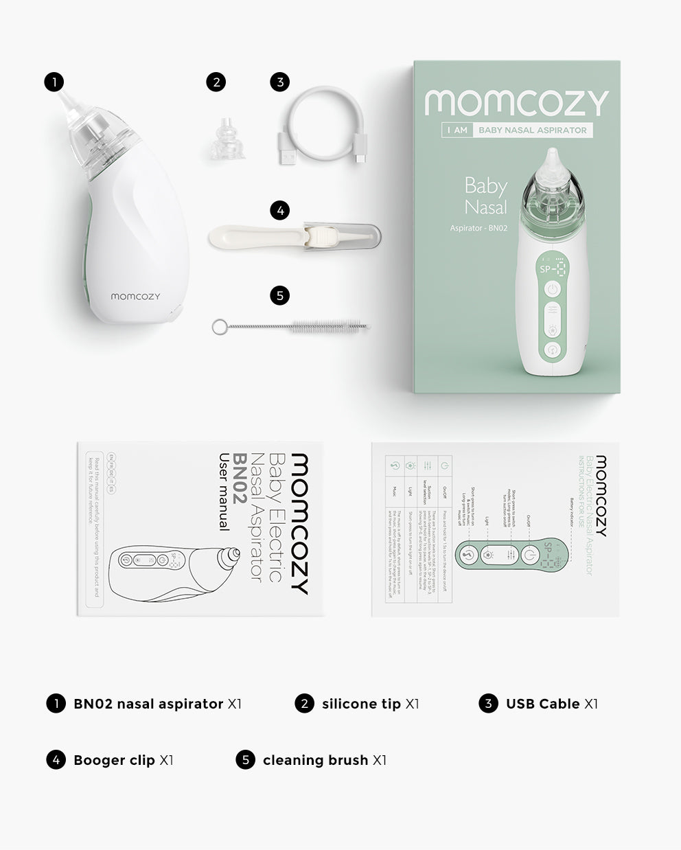 Momcozy Baby Nasal Aspirator BN02 kit with accessories: aspirator, silicone tip, USB cable, clip, brush.