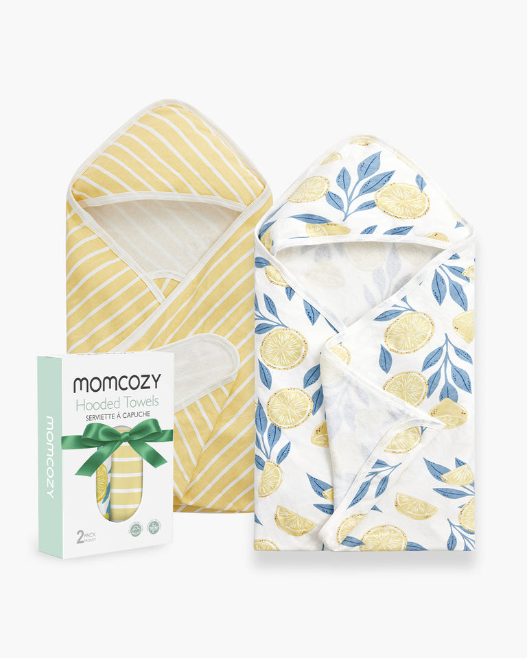 Translation missing: fr.Lot de 2 serviettes à capuche pour bébé Momcozy – Motif Lemon Leaves