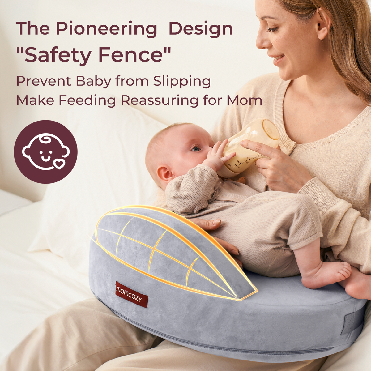 Momcozy MaxSupport nursing pillow with pioneering 'Safety Fence' design preventing baby slipping for reassuring feeding.