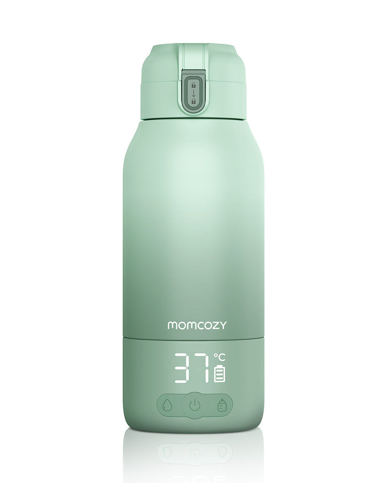 Translation missing: en.Momcozy portable milk warmer, mint green, LCD display showing 37°C, perfect for travel and fast milk heating