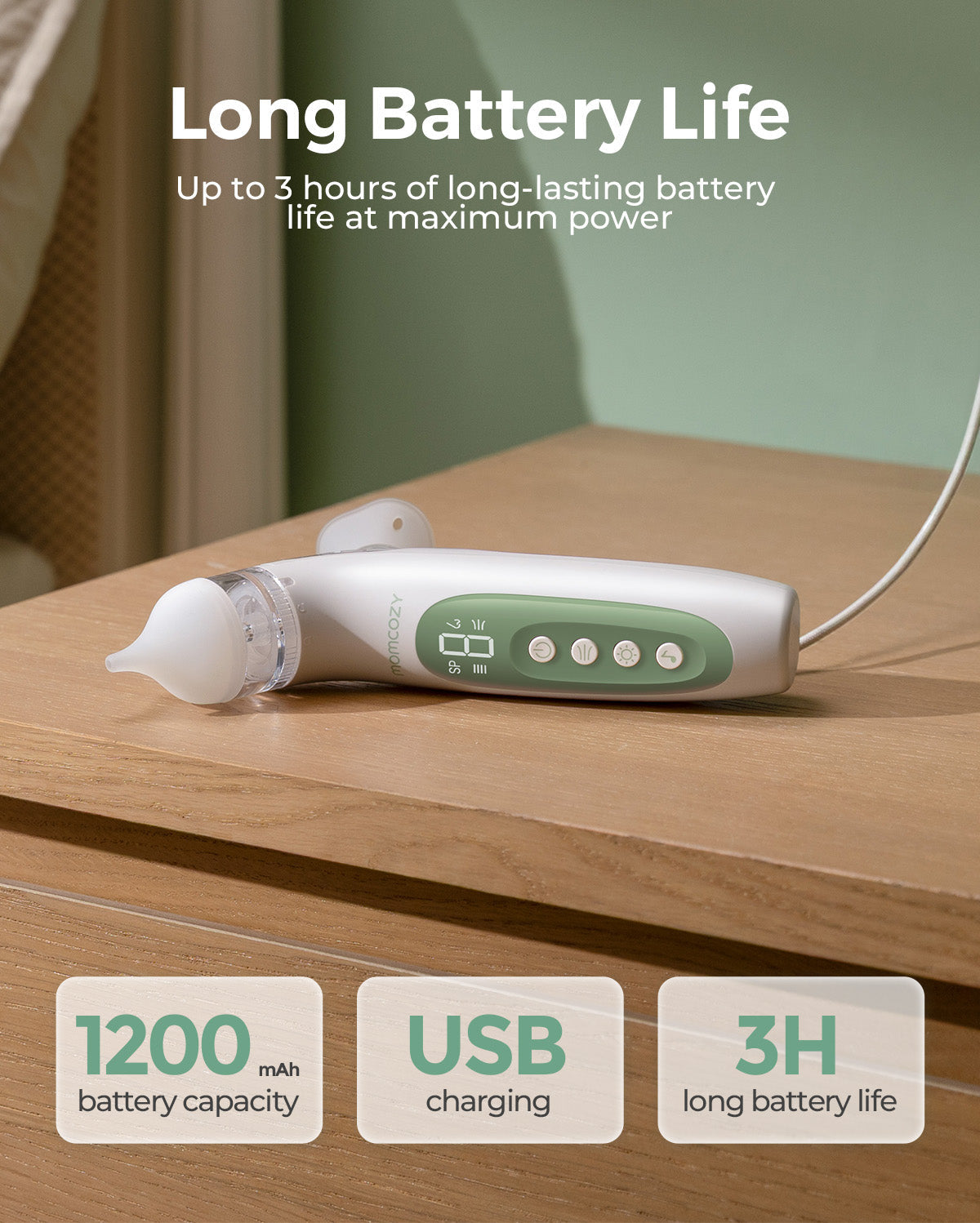 Momcozy electric nasal aspirator in white and green with USB charging, 1200mAh battery, and 3-hour battery life.