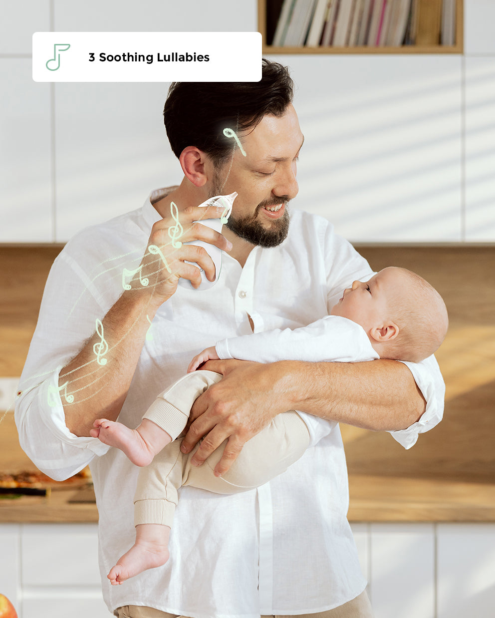 Momcozy nasal aspirator with 3 soothing lullabies feature held by a father with his baby.