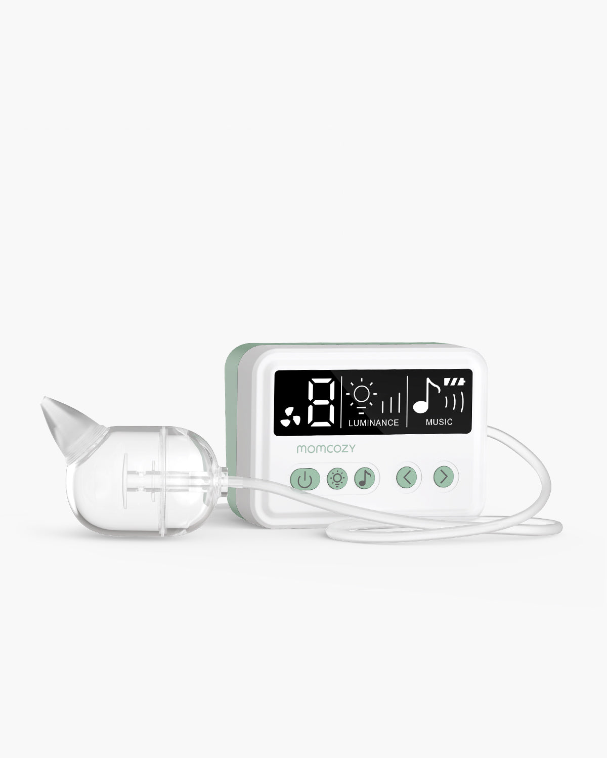 Momcozy electric nasal aspirator with digital display showing suction, luminance, and music settings. Includes collection bulb and buttons.