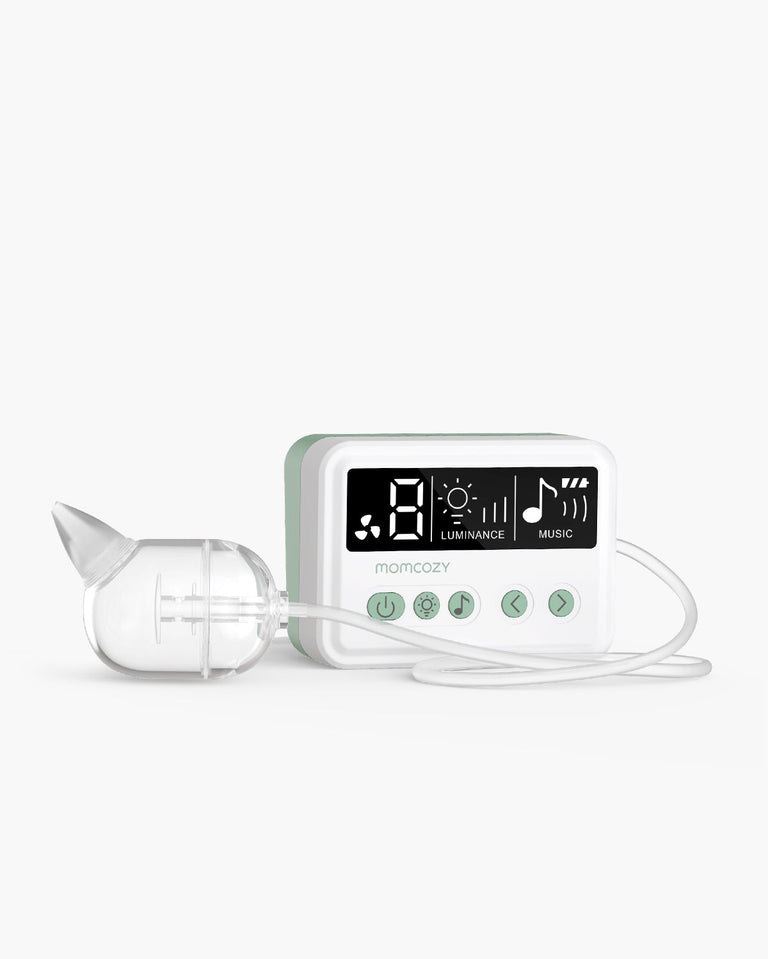 Translation missing: fr.Momcozy electric nasal aspirator with digital display showing suction, luminance, and music settings. Includes collection bulb and buttons