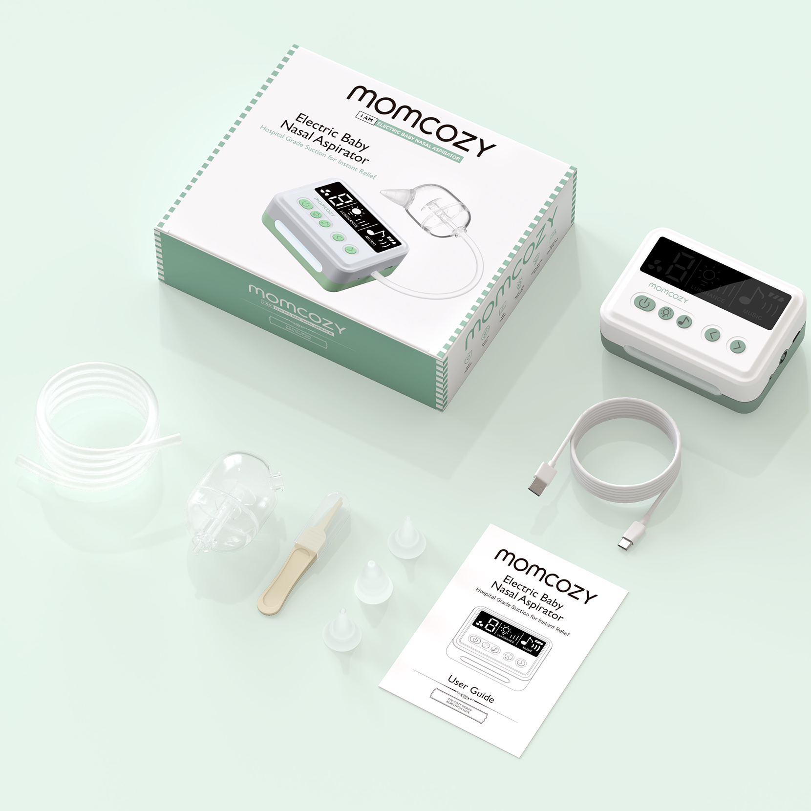 Momcozy Electric Baby Nasal Aspirator box with accessories: device, tubing, collection cup, tips, USB cable, and user guide.