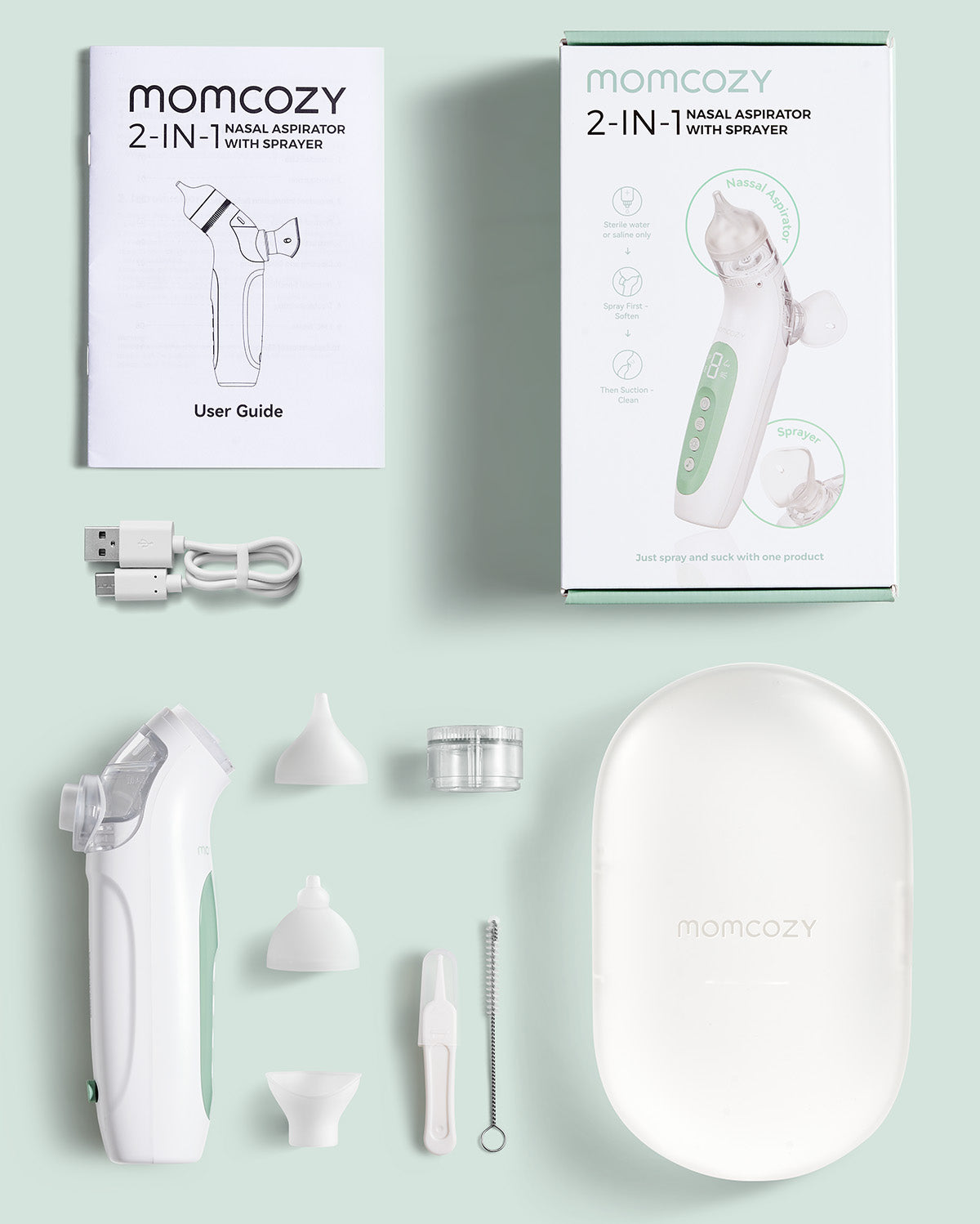 Momcozy 2-in-1 nasal aspirator with sprayer, user guide, accessories and storage case.