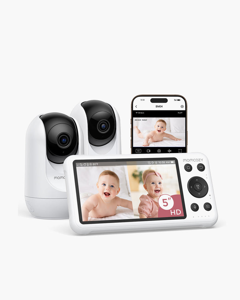 Translation missing: en.Momcozy dual-mode smart baby monitor BM04 with two white cameras and a 5-inch HD screen showing two happy babies