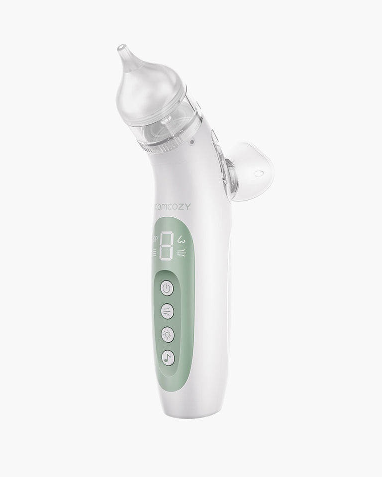 Translation missing: fr.Momcozy BreezyClear electric nasal aspirator with digital display and control buttons in white and green
