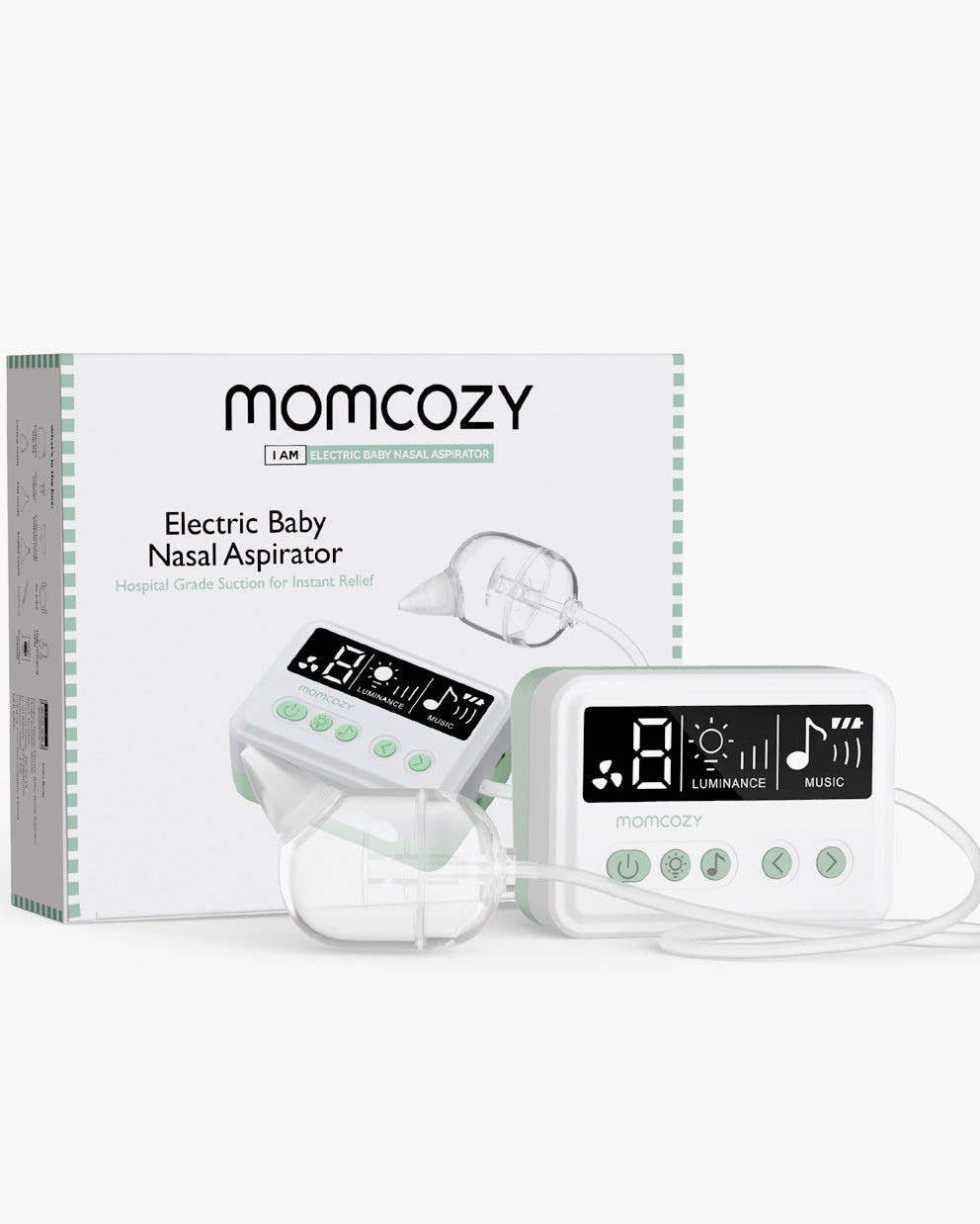 Momcozy electric baby nasal aspirator with digital display showing '8', 'Luminance', and 'Music' icons.