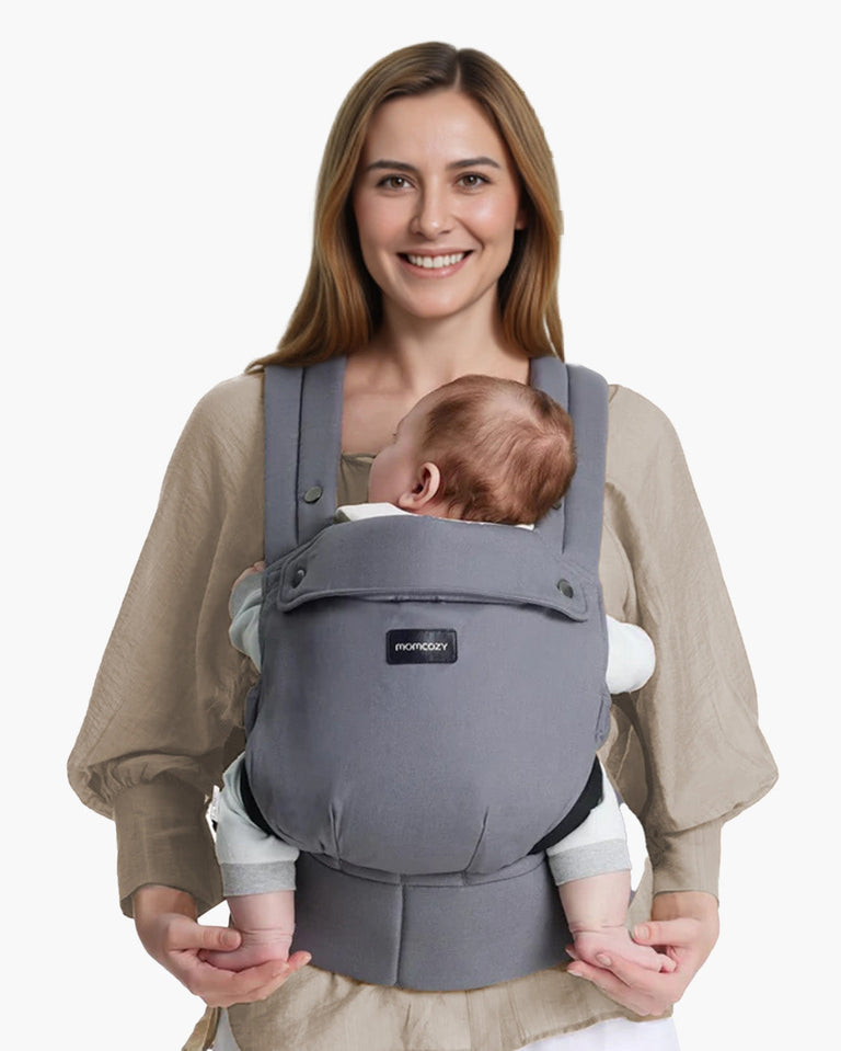 Translation missing: fr.Momcozy PureHug Baby Carrier in Grey, comfortable baby carrier for baby, held by mom, with Momcozy logo