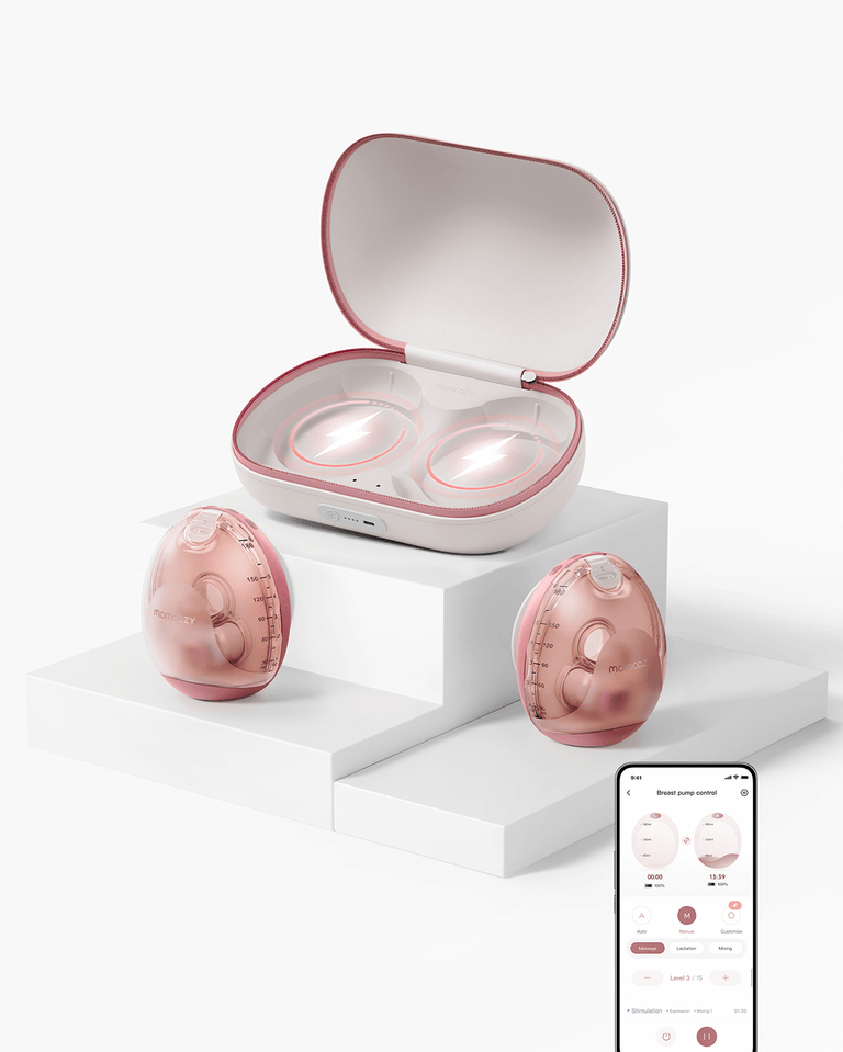Translation missing: fr.Momcozy Air 1 ultra-slim breast pumps in rose gold with charging case and app control on smartphone, product display