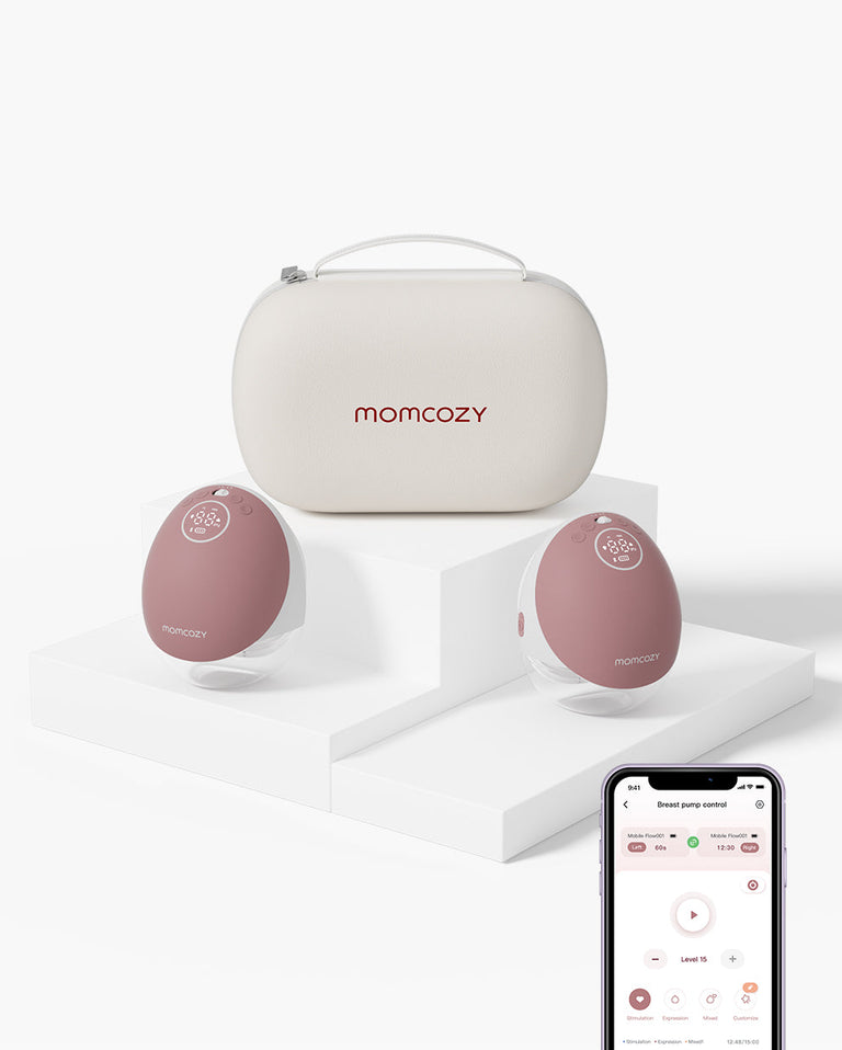 Translation missing: fr.Momcozy Mobile Flow™ electric hands-free breast pump set with case and smart app displays the interface for smart milk expression