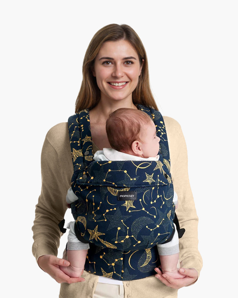 Translation missing: en.Momcozy PureHug baby carrier in Starry Night color. Navy blue and golden star pattern, comfortable baby carrier