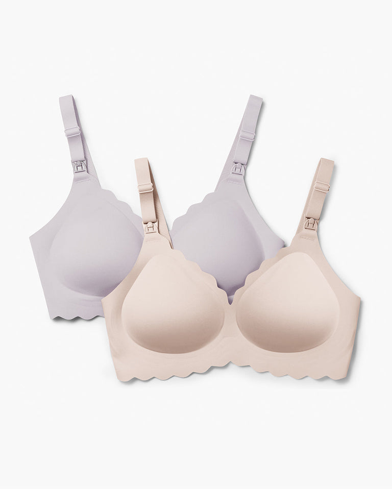 Translation missing: en.Light beige and lavender Jelly Strip Seamless Nursing Bras YN46, featuring scalloped edges and M9 Pump nursing clips