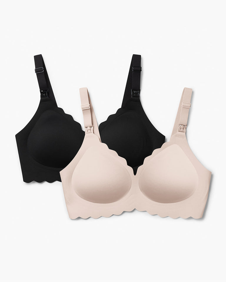 Translation missing: en.Two Jelly Strip Seamless Nursing Bras YN46: black &amp; light beige. Scalloped molded design, M9 Pump compatible clips