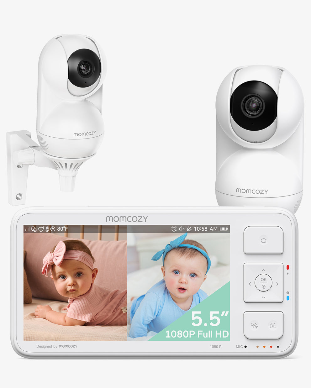 Momcozy BM03 baby monitor with two white cameras and a 5.5-inch screen displaying two babies. One camera is wall-mounted.
