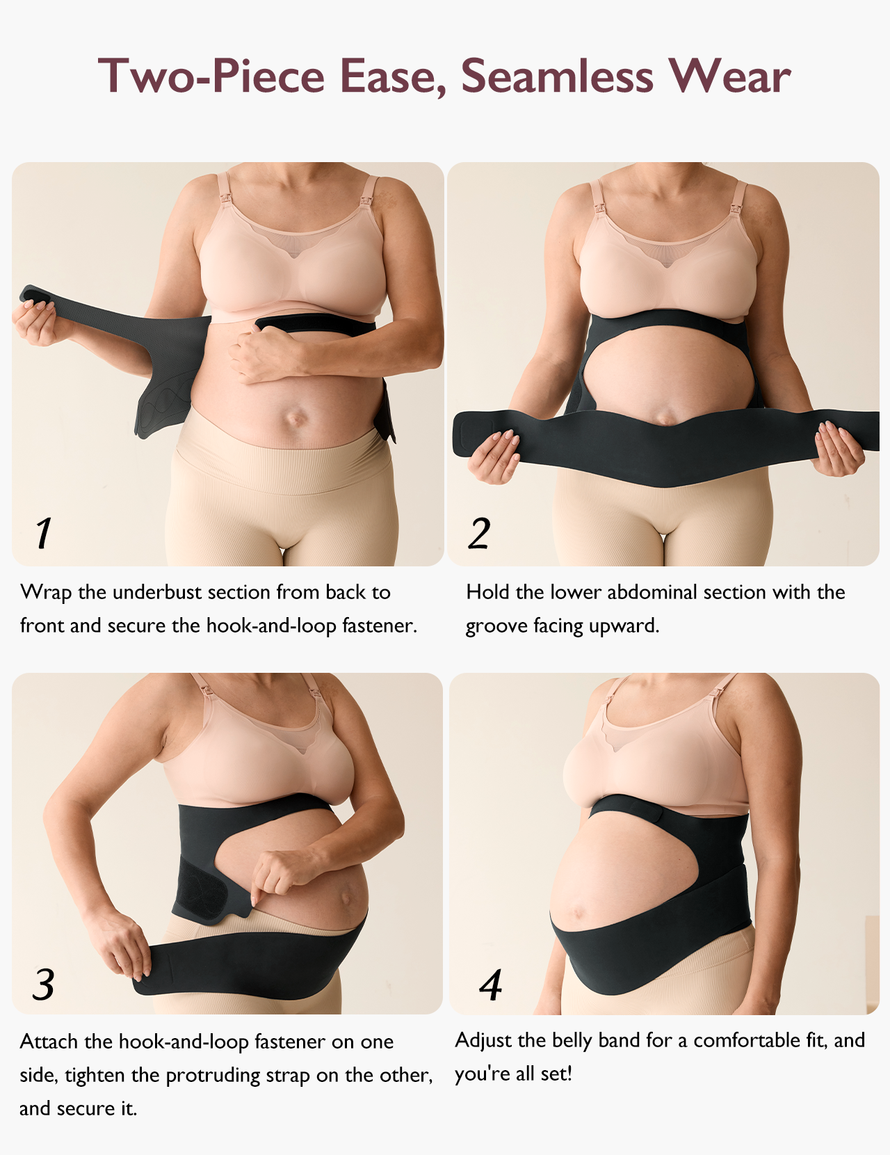 From various angles, here are the four steps to wearing the Momcozy Ergonest Maternity Belly Band, emphasizing its softness, comfort, and user-friendly design.